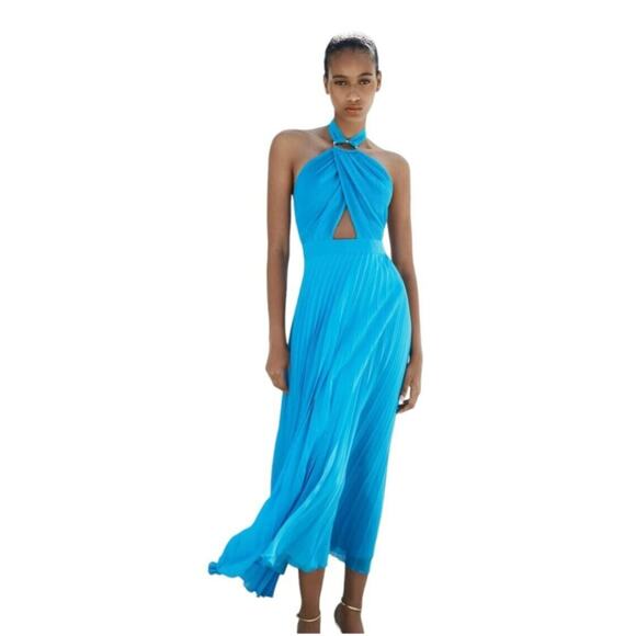 ZARA Camisole Halter Pleated Slip Dress Blue Cutout Sleeveless Midi Dress M NEW - Picture 1 of 12